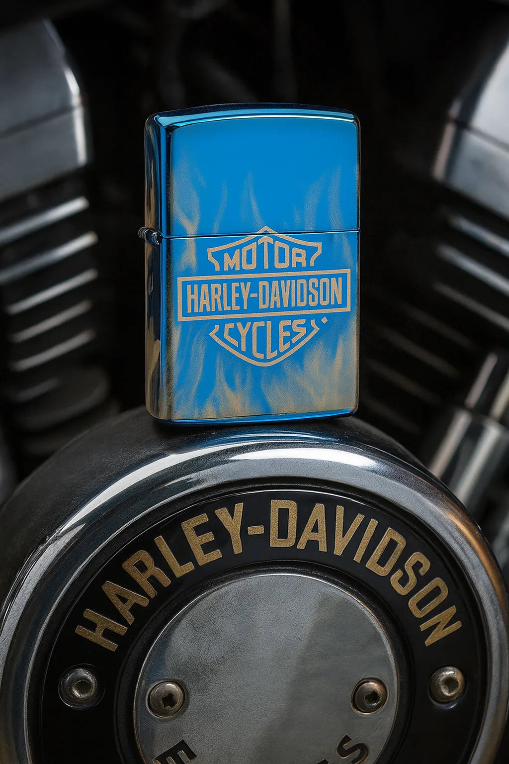 Blaues Harley-Davidson-Zippo auf Motorrad-Motorblock