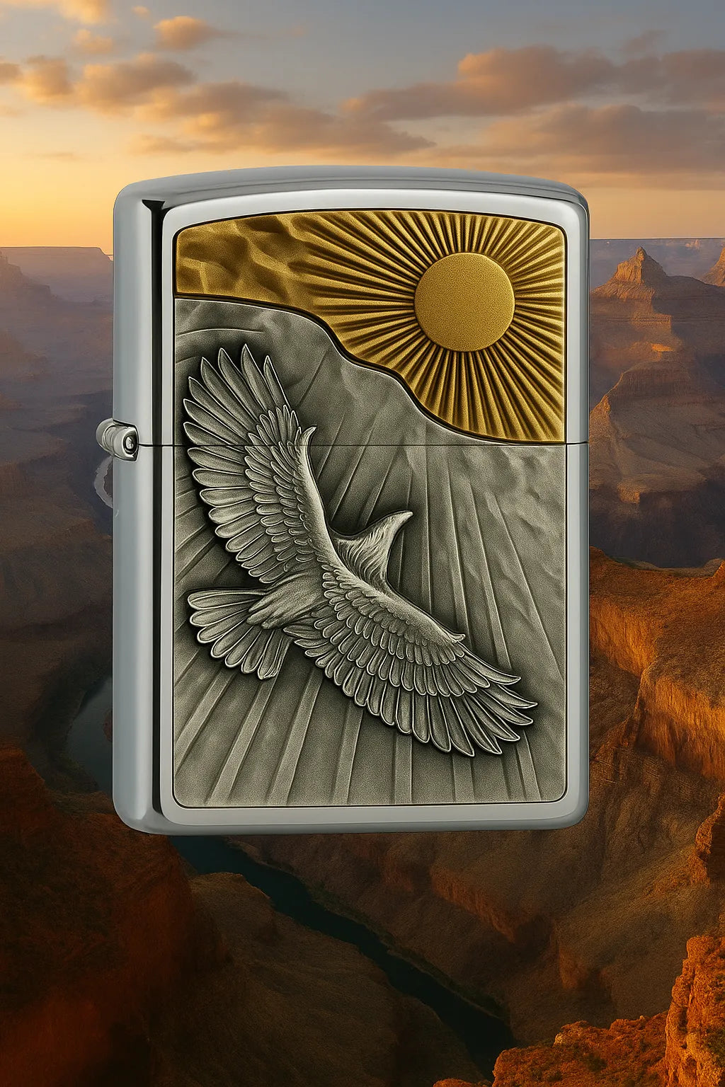 Hochwertiges Zippo Feuerzeug mit graviertem Adler-Motiv aus Metall, Symbol für Freiheit und Stärke.