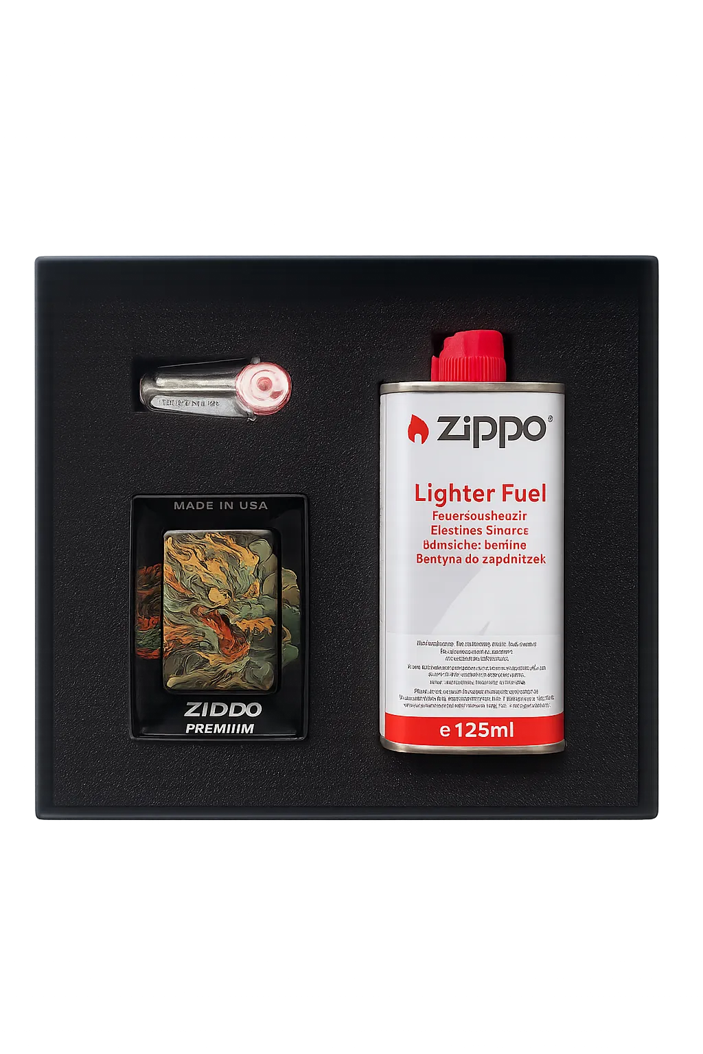 Zippo Geschenkset Benzin und Feuerstein offen