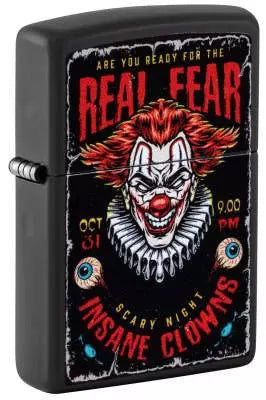 Zippo Clown Horror Black Matte mit Clown-Design Vorderansicht