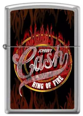 Zippo Feuerzeug Johnny Cash – Ring of Fire im Chrome Brushed Design mit Flammenmotiv
