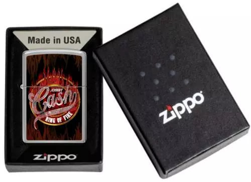 Zippo Johnny Cash „Ring of Fire“ Feuerzeug in Geschenkbox, Chrome Brushed Design
