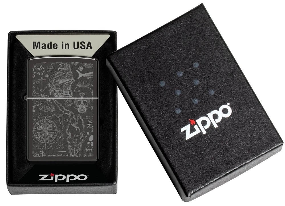 Zippo Feuerzeug nautische Karte High Polished Black in Geschenkbox