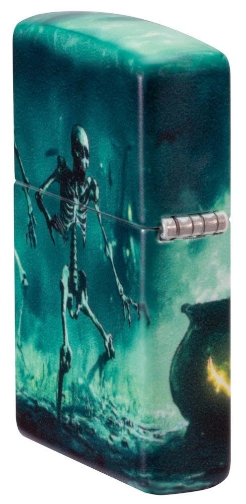 Seitenansicht Zippo mit grünem Skelett Motiv