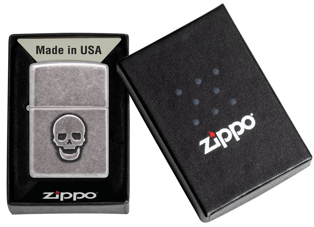 Zippo Feuerzeug Totenkopf Antik Silver in Geschenkbox