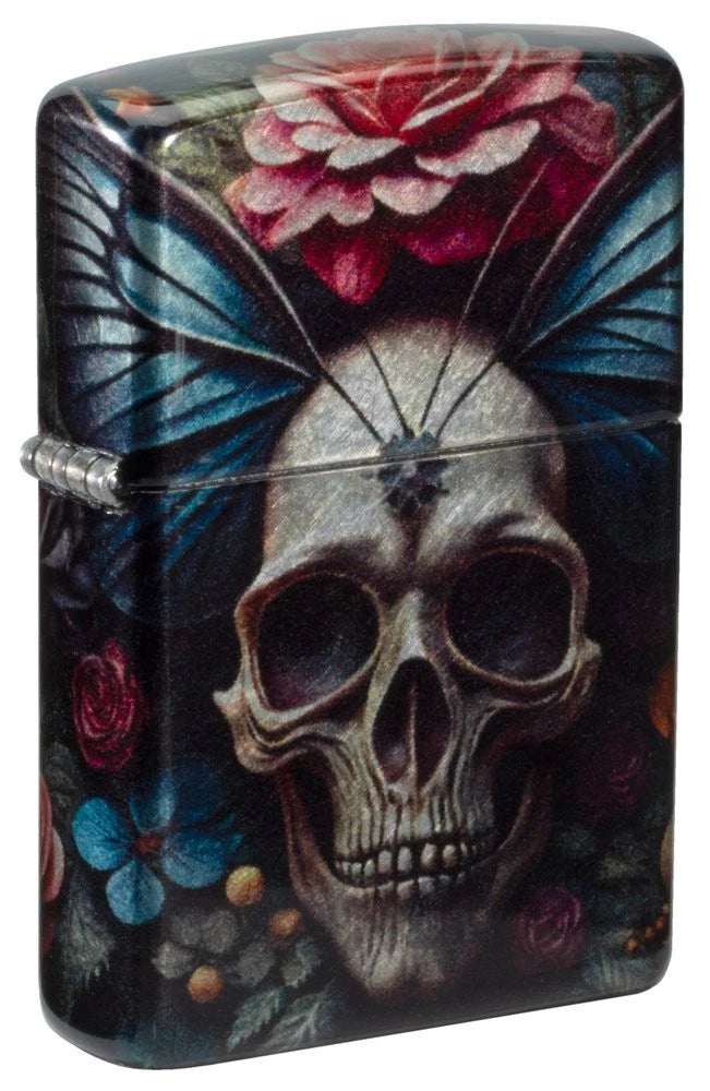 Vorderseite Zippo Totenkopf Blumen Motiv