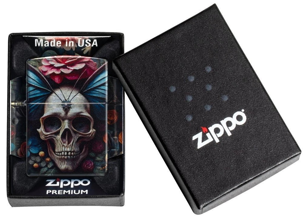 Geschenkbox mit Premium-Zippo Totenkopf &amp; Blumen