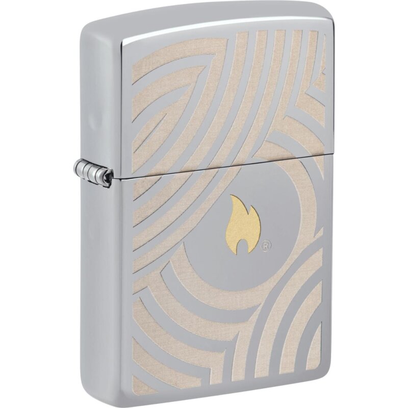 Ein edles High Polished Chrome Zippo Benzinfeuerzeug mit der Zippo Flame im Zentrum, wunderbar im Two Tone Laser Verfahren in eines geschwungene Struktur eingebettet.&nbsp;
