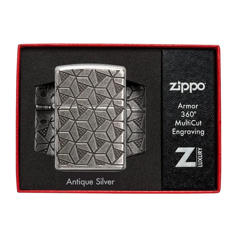 Zippo Armor Geometric Pattern in der Luxury Geschenkverpackung mit schwarzer Einlage und rotem Rahmen