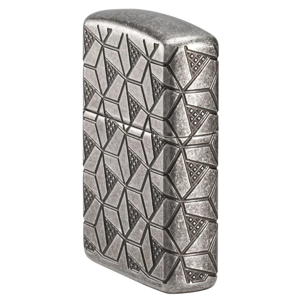 Seitenansicht des Zippo Armor Geometric Pattern mit abgerundeter Kante und fortlaufendem Dreiecksdekor