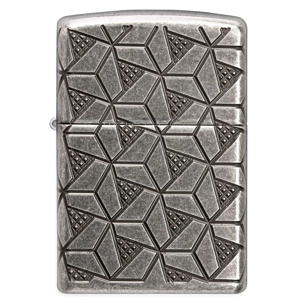 Rückseite des Zippo Armor Geometric Pattern mit geometrischen Flächen, feinen Gitterfeldern und dunklen Konturen