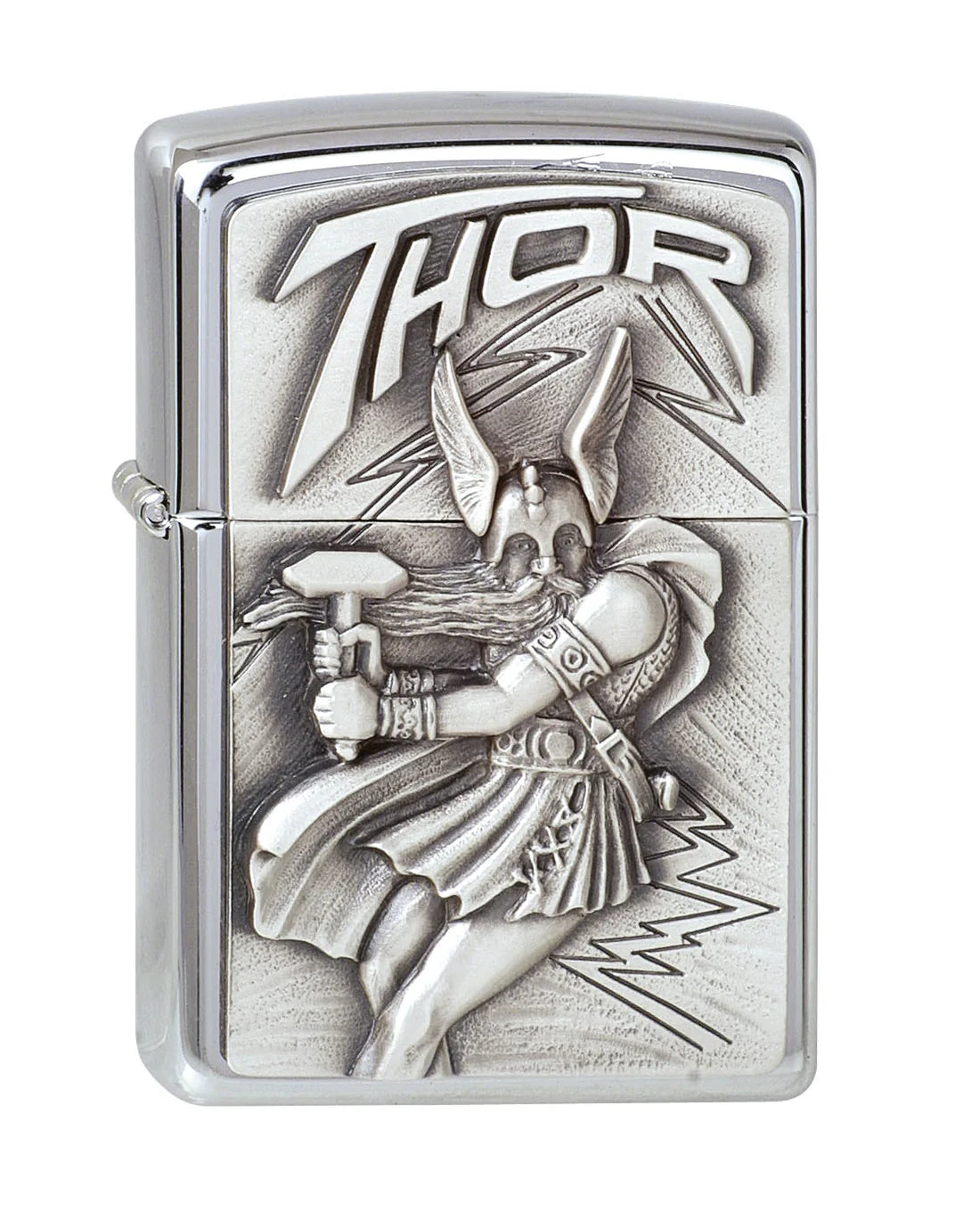 Zippo Benzinfeuerzeug mit 3D-Thor-Emblem, Mjölnir-Hammer und Blitzen, Chrome Brushed-Finish, windfest, nachfüllbar, hochwertiges Sammlerstück.
