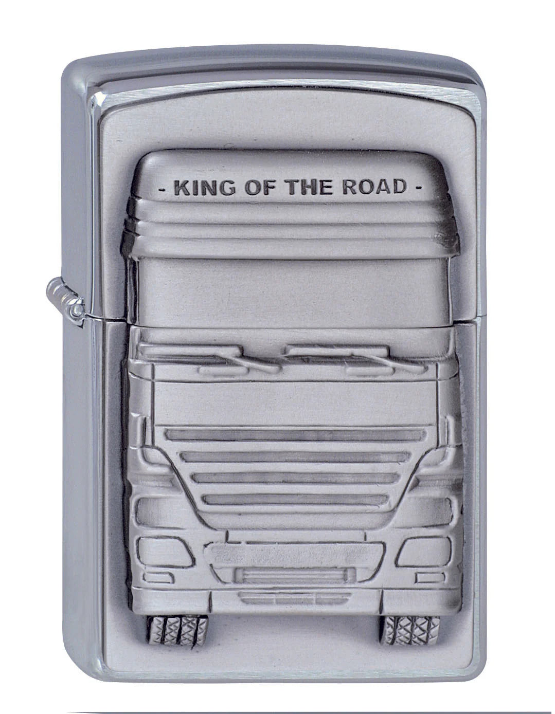 Zippo Benzinfeuerzeug mit 3D-Truck-Emblem und 'King of the Road'-Gravur, Chrome Brushed-Finish, windfest, nachfüllbar, ideal für Trucker.