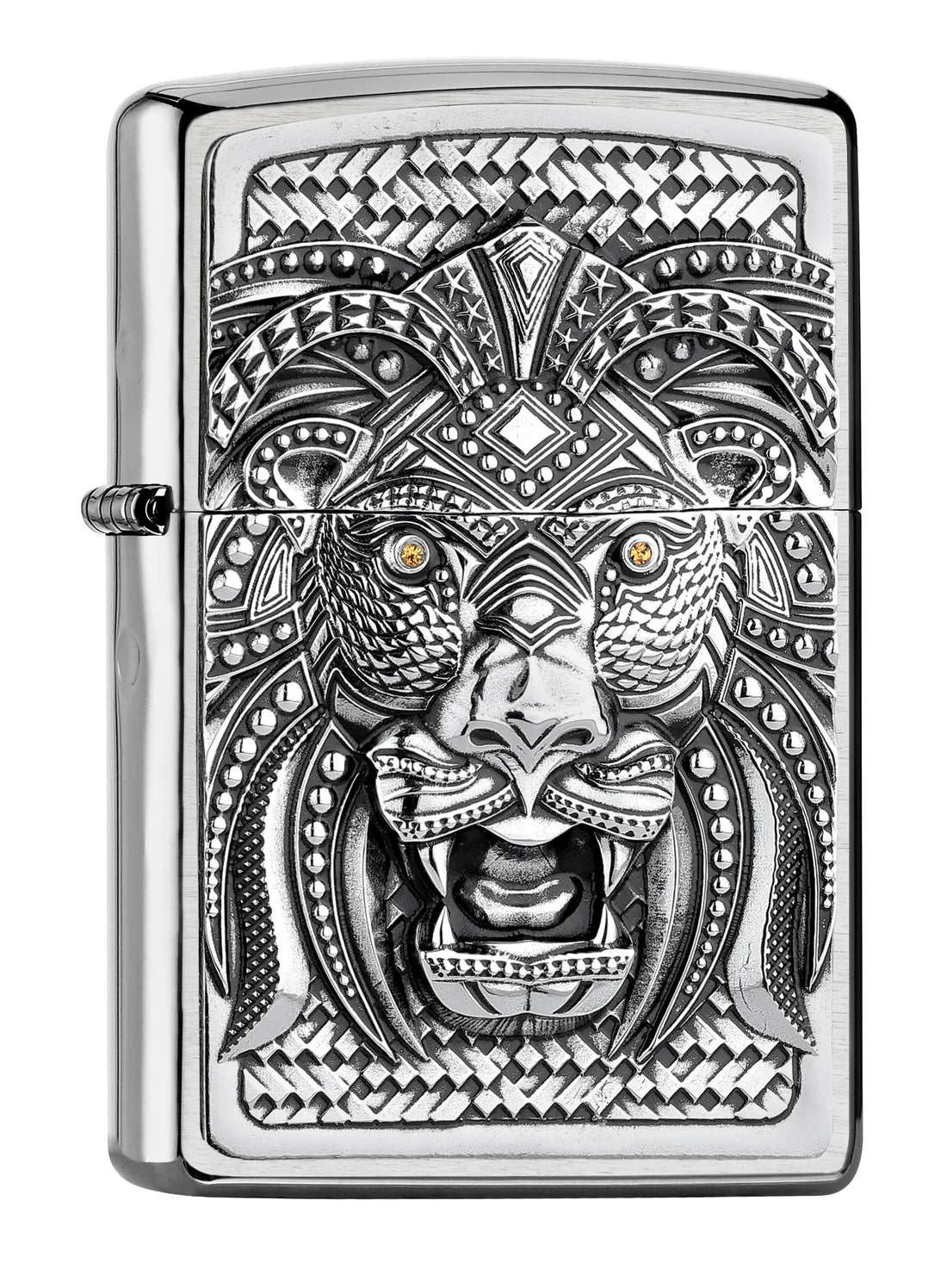 Zippo Benzinfeuerzeug mit kunstvollem Löwen-3D-Emblem, detailreiche Prägung auf Chrome Brushed, windfest, nachfüllbar, stilvolles Sammlerstück.