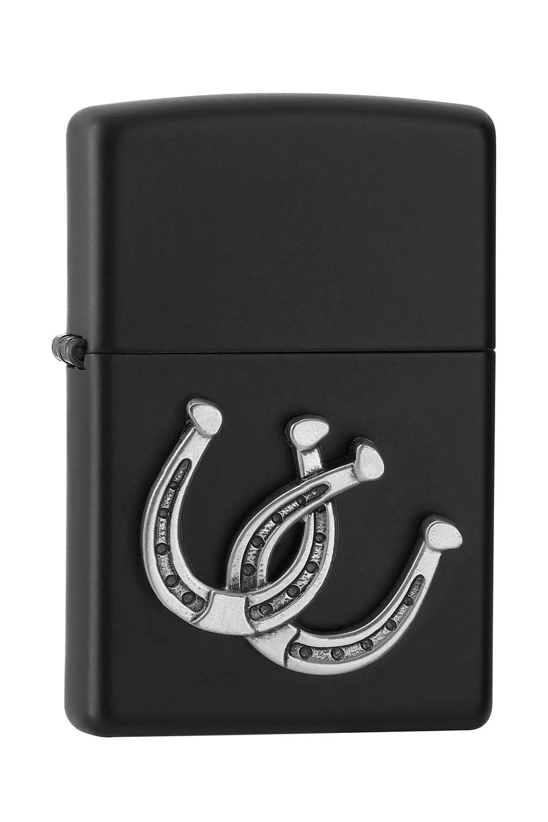 Zippo Benzinfeuerzeug mit drei silbernen Hufeisen als 3D-Emblem auf Black Matte-Finish, windfest, nachfüllbar, hochwertiges Sammlerstück.