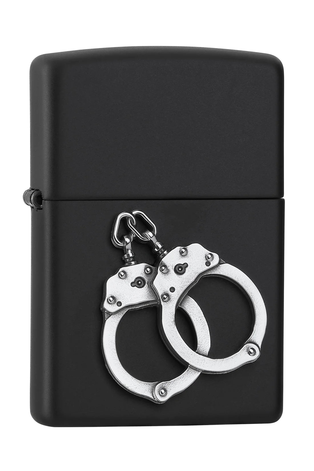 Zippo Benzinfeuerzeug mit Handschellen-3D-Emblem auf Black Matte-Finish, windfest, nachfüllbar, stilvolles Sammlerstück für Individualisten.