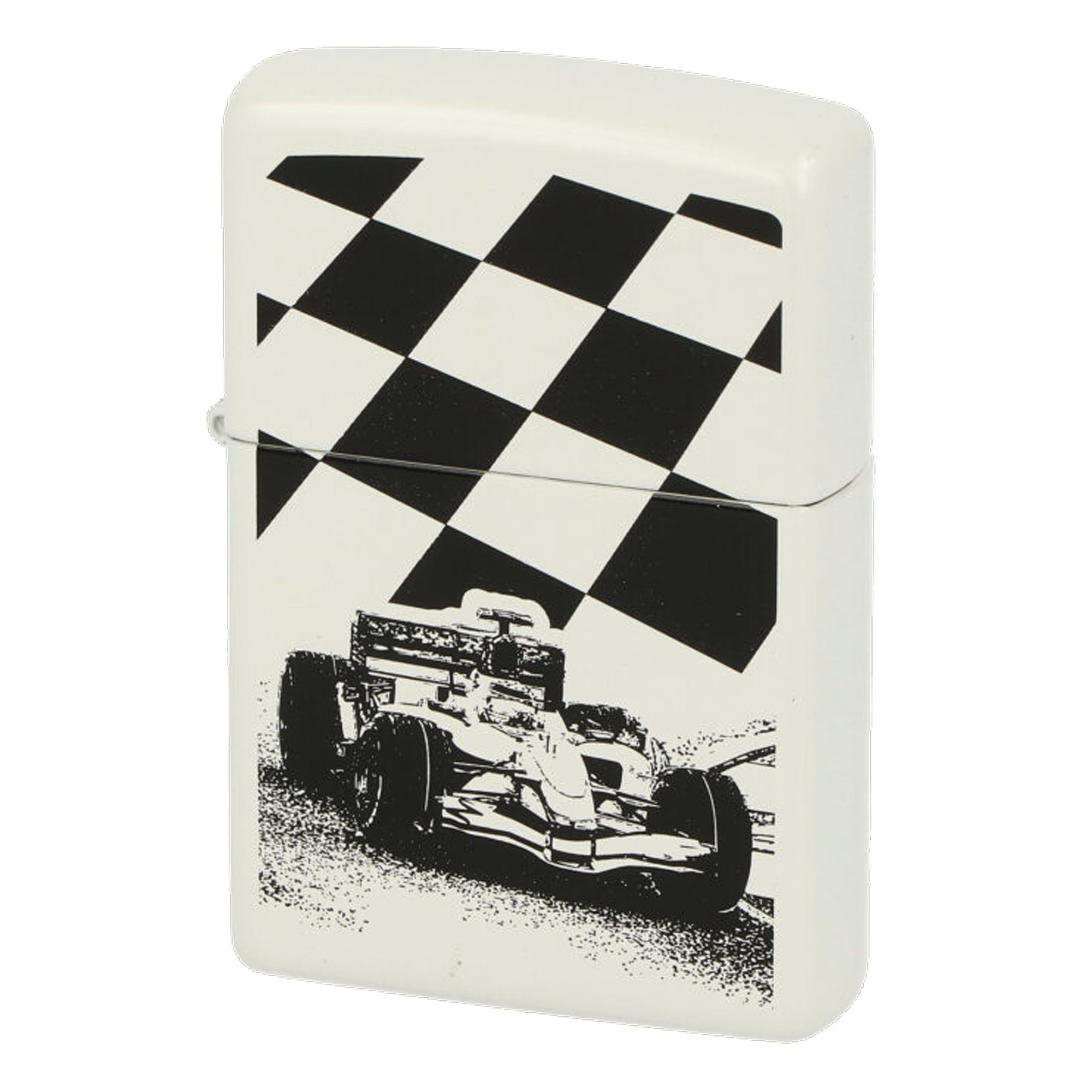 Dieses Zippo Formel 1 zeigt den Rennwagen mit der Zielflagge im Hintergrund. Ein schönes Basic White Zippo mit einem schwarz-weiss Color Image.
