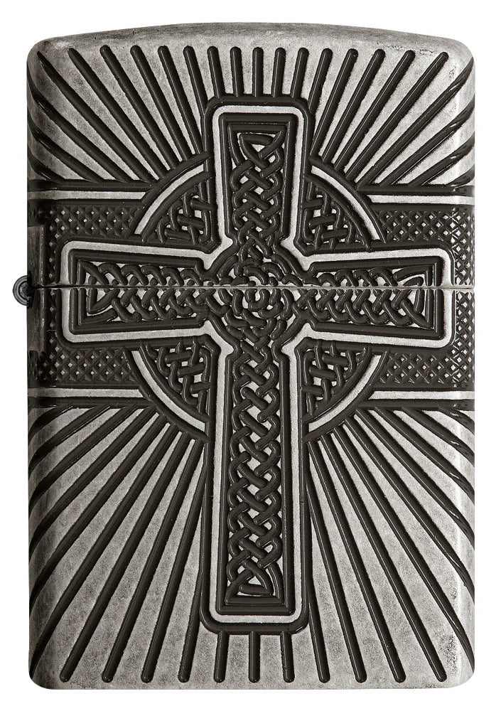 Zippo Benzinfeuerzeug Antique Silver mit 360° Multicut Gravur – keltisches Kreuz-Design, tiefgraviert mit Armor Heavy Wall Technologie.