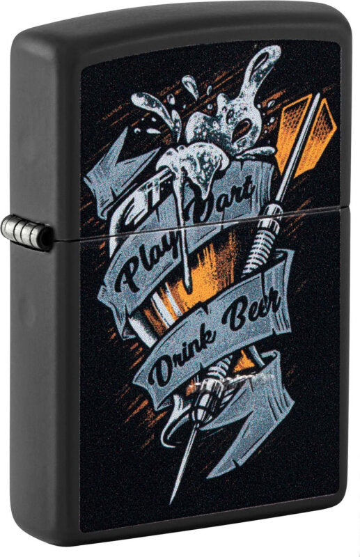 Play Dart und trinke dazu ein Bier. Eine spezielle Information für Dart-Spieler auf der Basis eines Black Matte Zippo Dart Feuerzeugs.