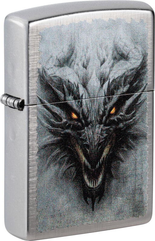 Ein furchterregender Blick eines bösen Drachen auf der Basis eines Linen Wave Zippo Feuerzeuges.