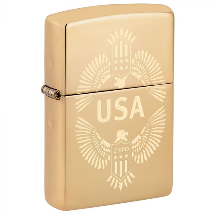 Ein High Polish Brass USA Zippo Benzinfeuerzeug. Absolut edel und mit dem speziellen Lustre-Verfahren graviert. 