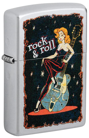 Lady Rock and Roll, ein tolles Zippo Benzinfeuerzeug auf der Basis eines Satin Chrome Basic. Ein schönes Vintage Color Image.