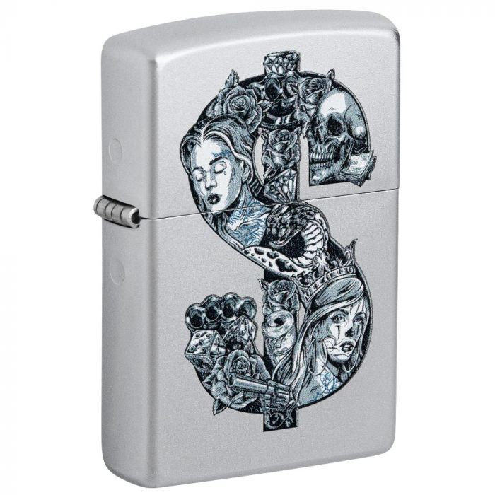 Ein spannendes Dollar Zippo Benzinfeuerzeug. Viele kleine Verzierungen zieren dieses Satin Chrome Zippo.