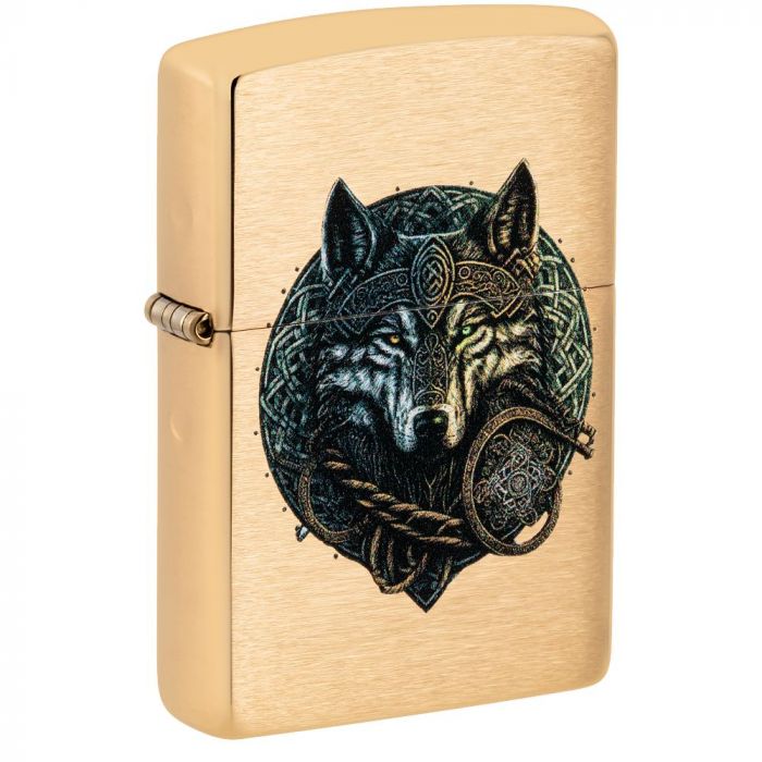 Der Wolf als Kämpfer - für alles bereit. Ein tolles Color Image auf einem Brushed Brass Zippo Benzinfeuerzeug.
