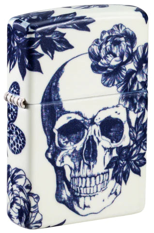 Dieses geniale 540° Color Totenkopf Zippo Benzinfeuerzeug leuchtet im Dunkel wunderbar grün. Blumen und Schmetterlinge zieren ein cooles Skull Design.