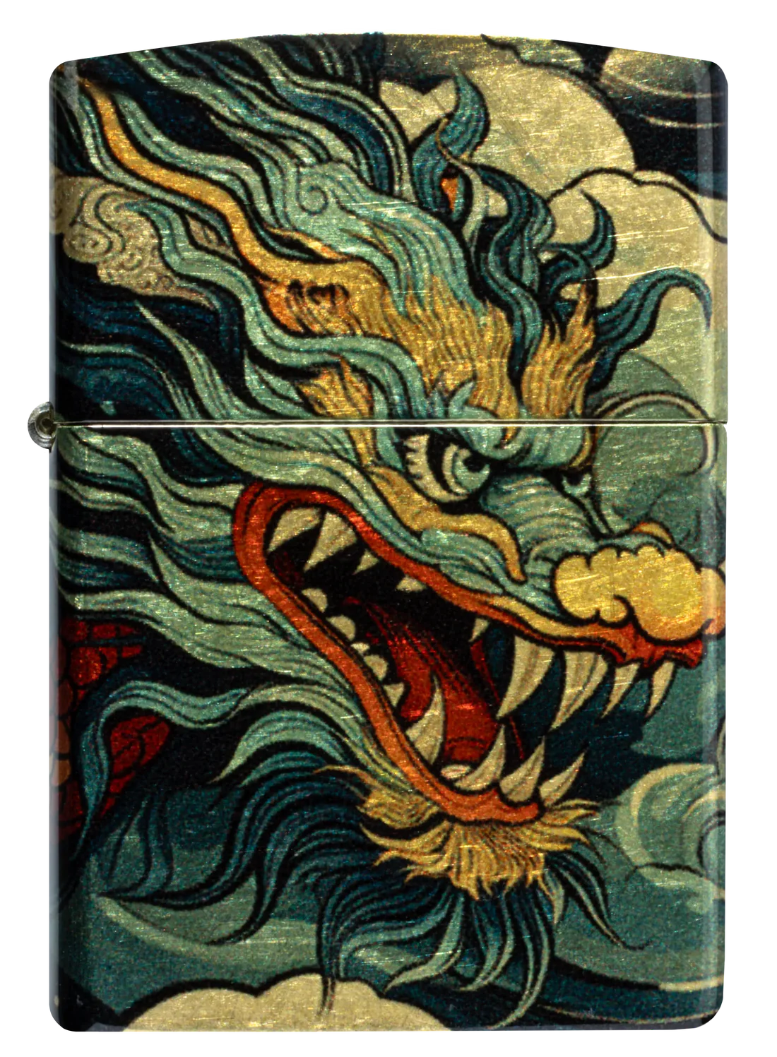 Detailansicht des Zippo Benzinfeuerzeugs Flying Dragon mit 540° Rundumdesign, Vorderseite mit asiatischem Drachenmotiv
