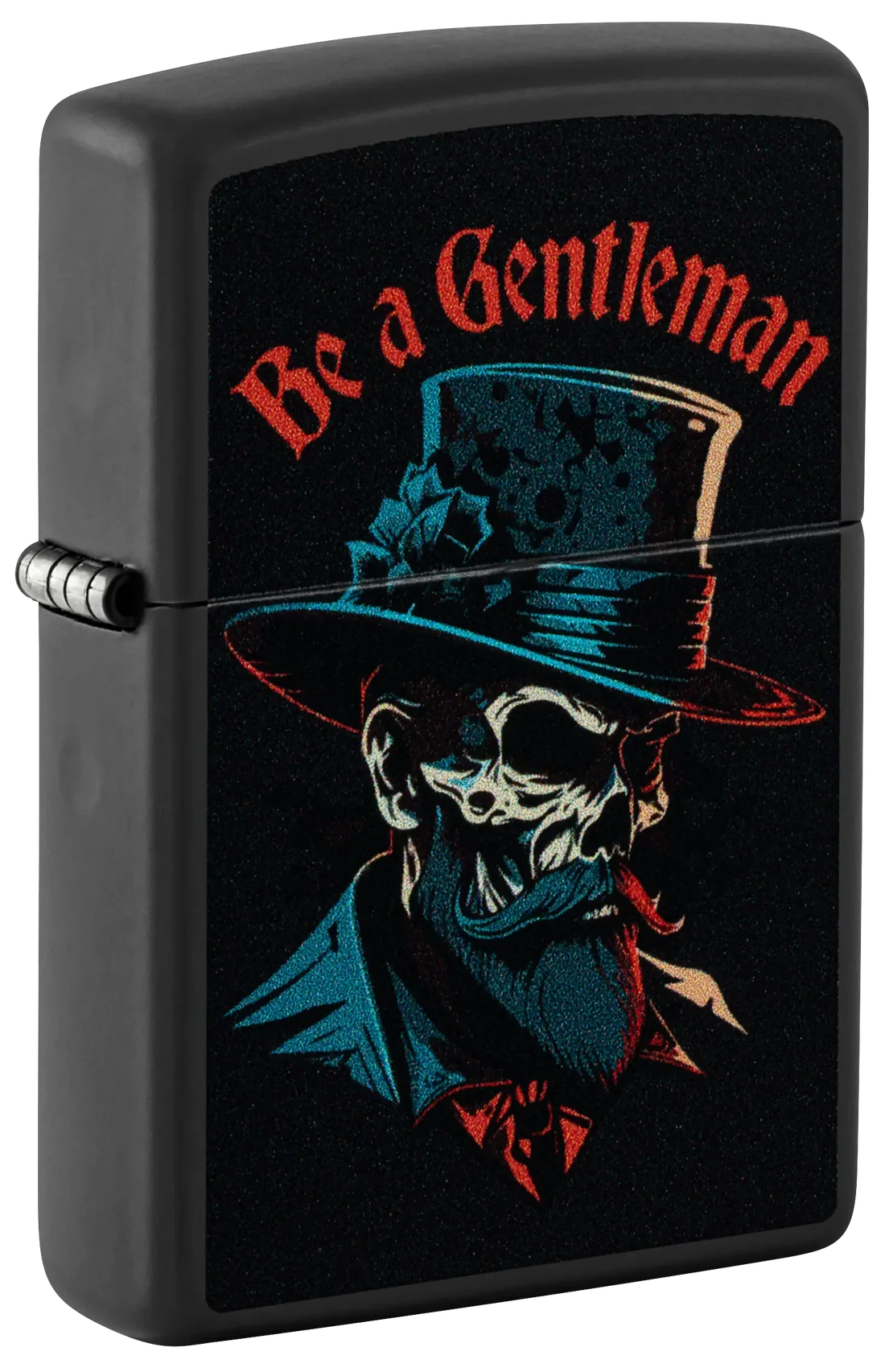 Seitliche Ansicht des Zippo Benzinfeuerzeugs Be a Gentleman mit Totenkopf im Zylinder