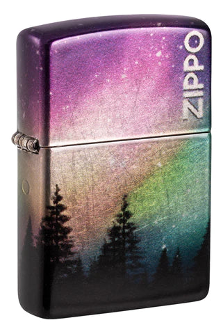 Ein wunderschönes Polarlicht spiegelt sich auf diesem farbenfrohen Zippo Colorful Sky. Produziert auf der Basis des Tumbled Chrom 540° Verfahrens. 