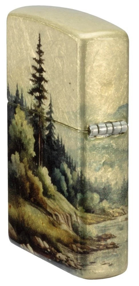 Zippo Feuerzeug Abenteuer-Kompass Seitenansicht mit Waldmotiv