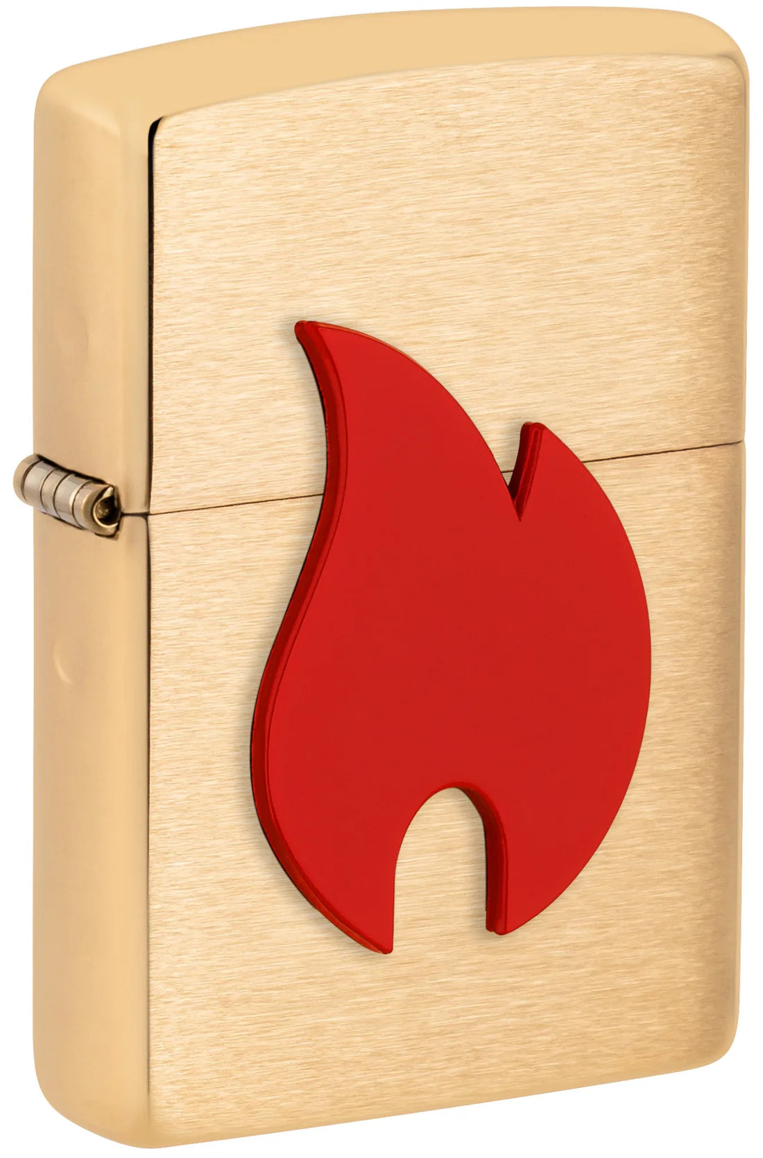 Gebürstetes Messing-Zippo-Feuerzeug mit rotem Flammen-Emblem, Frontansicht