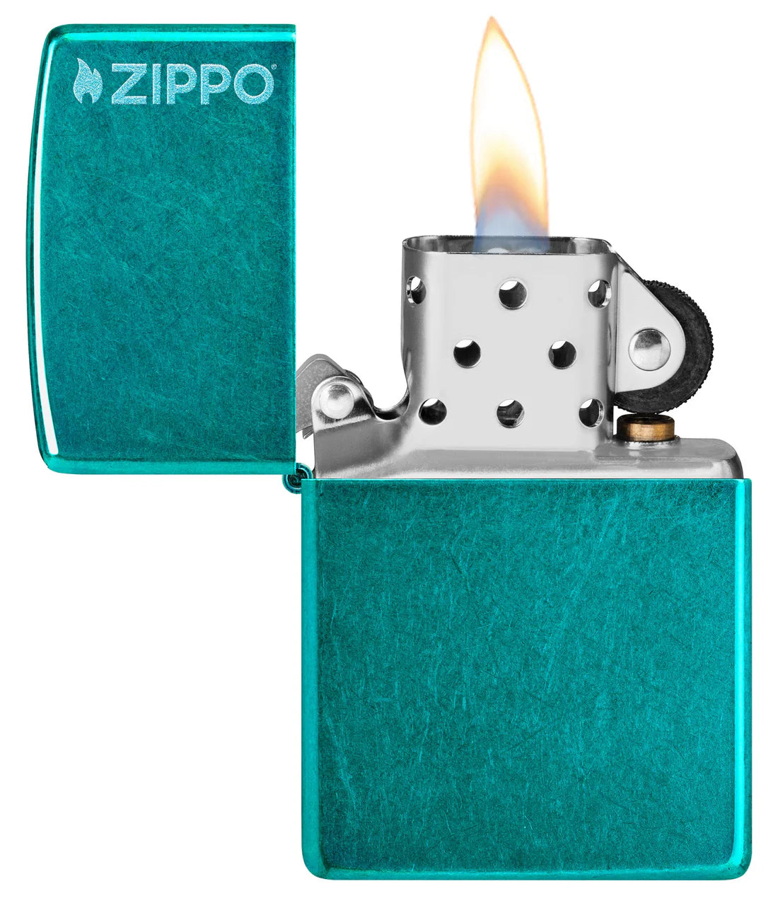 Offenes Candy-Teal Zippo Feuerzeug mit Flamme und Logo auf blaugrünem Gehäuse