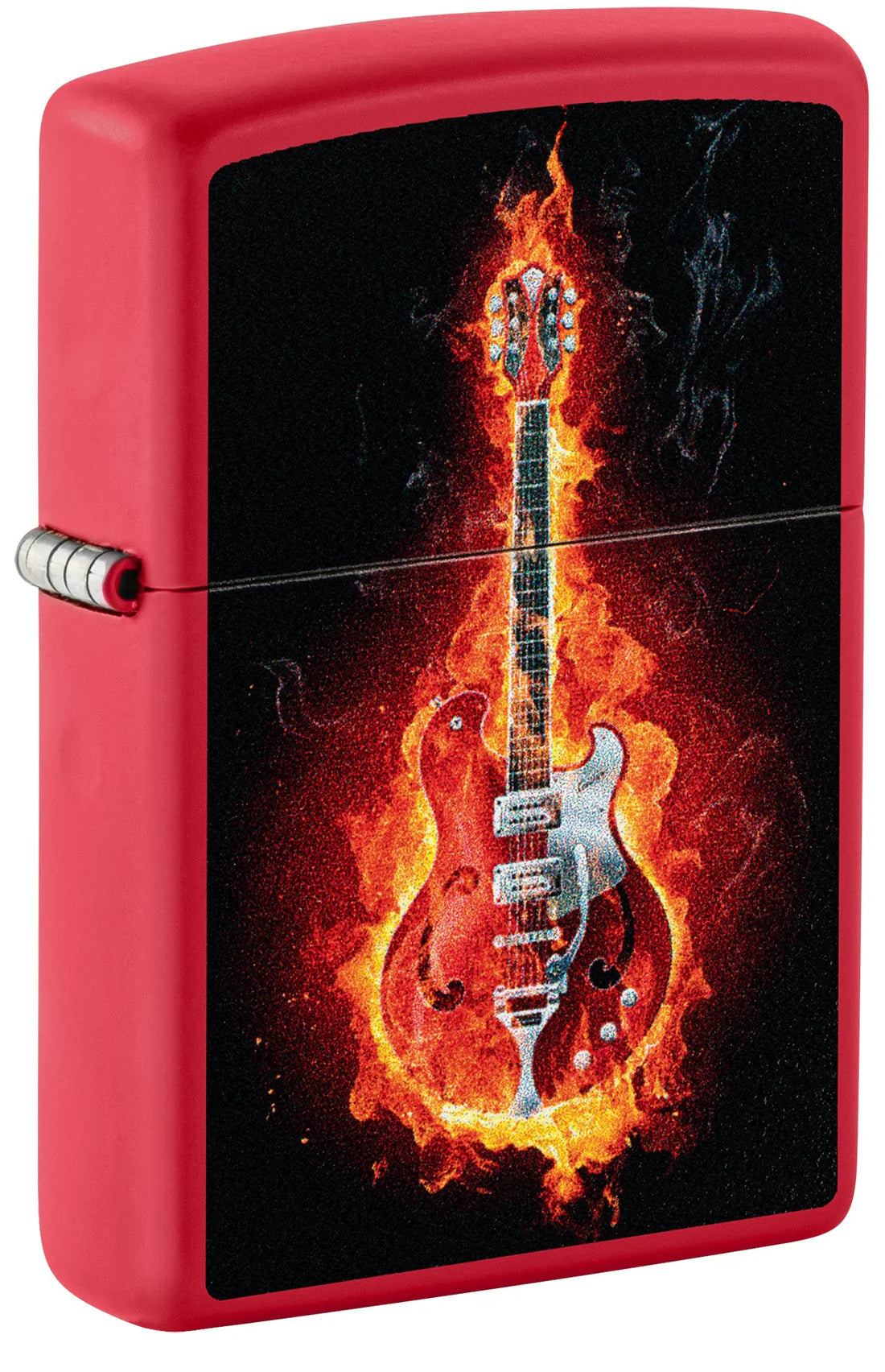 Zippo Feuerzeug in Red Matte mit brennender Gitarre Motiv, Frontansicht