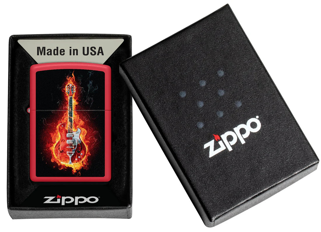 Zippo Feuerzeug in Geschenkverpackung one box, Red Matte mit Burning Guitar Design