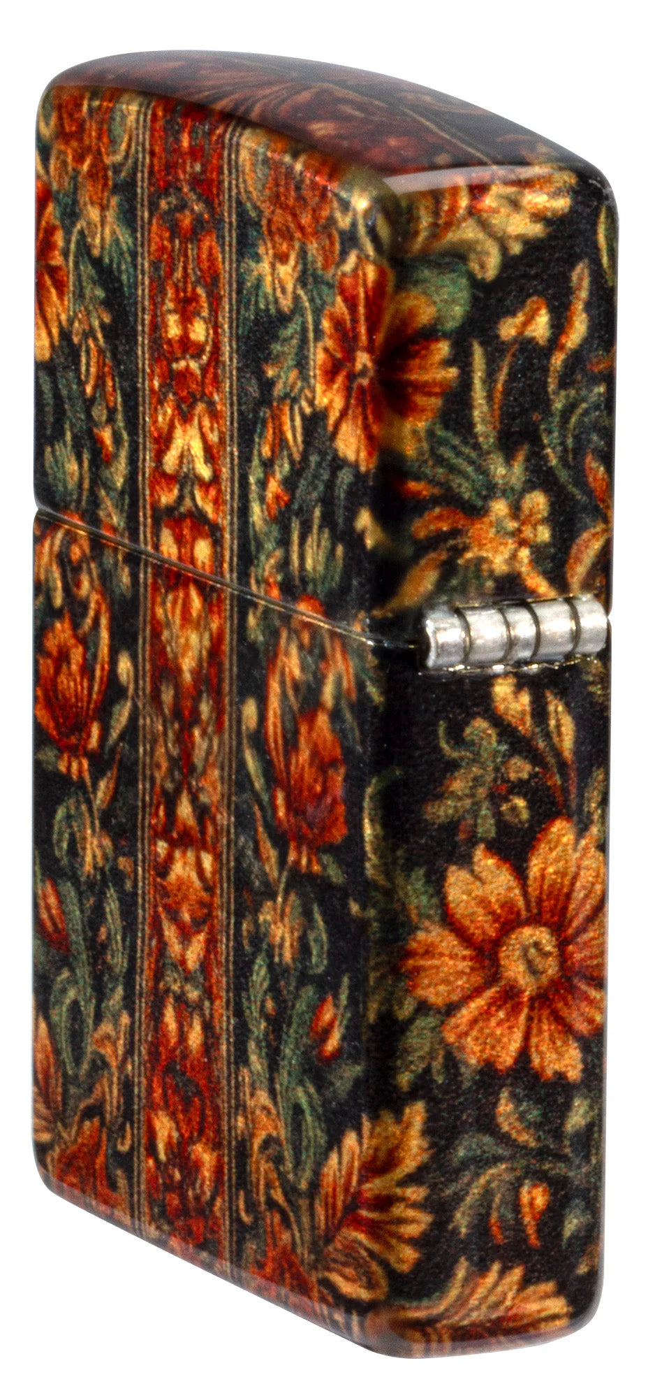 Zippo Scharnieransicht: seitlicher Blick auf 540°-Muster, Blumen und Ornamentdetails.