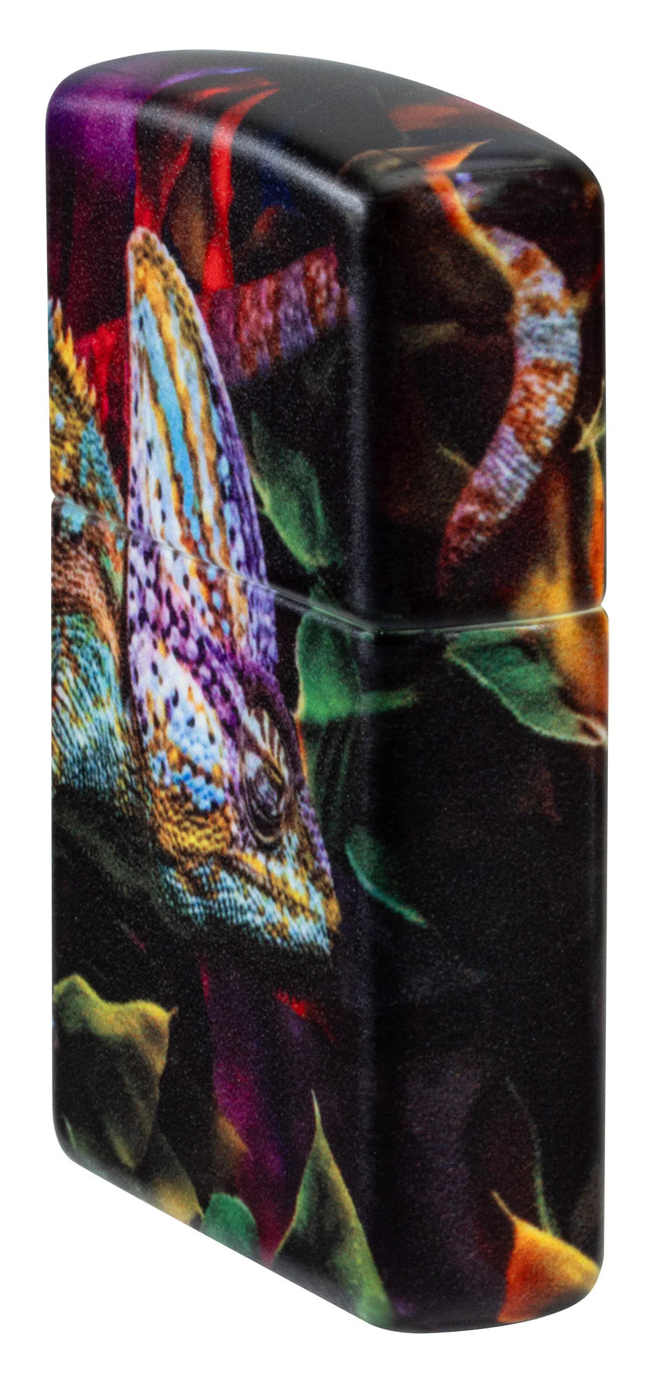 Zippo Seitenansicht des 540° Wrap-Motivs mit Chamäleon und Blättern, matt