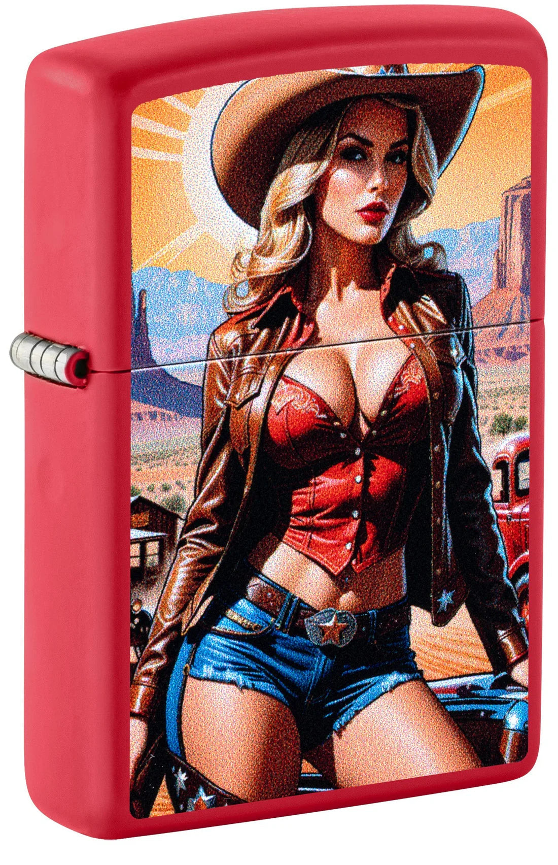 Zippo Feuerzeug Cowgirl in Rot-Matt mit detailreichem Motiv