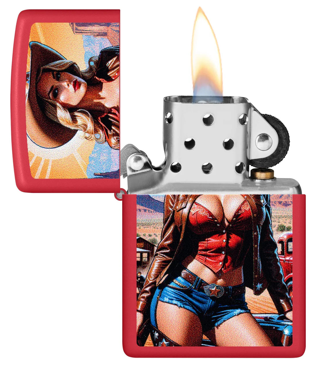 Zippo Feuerzeug Cowgirl geöffnet mit brennender Flamme