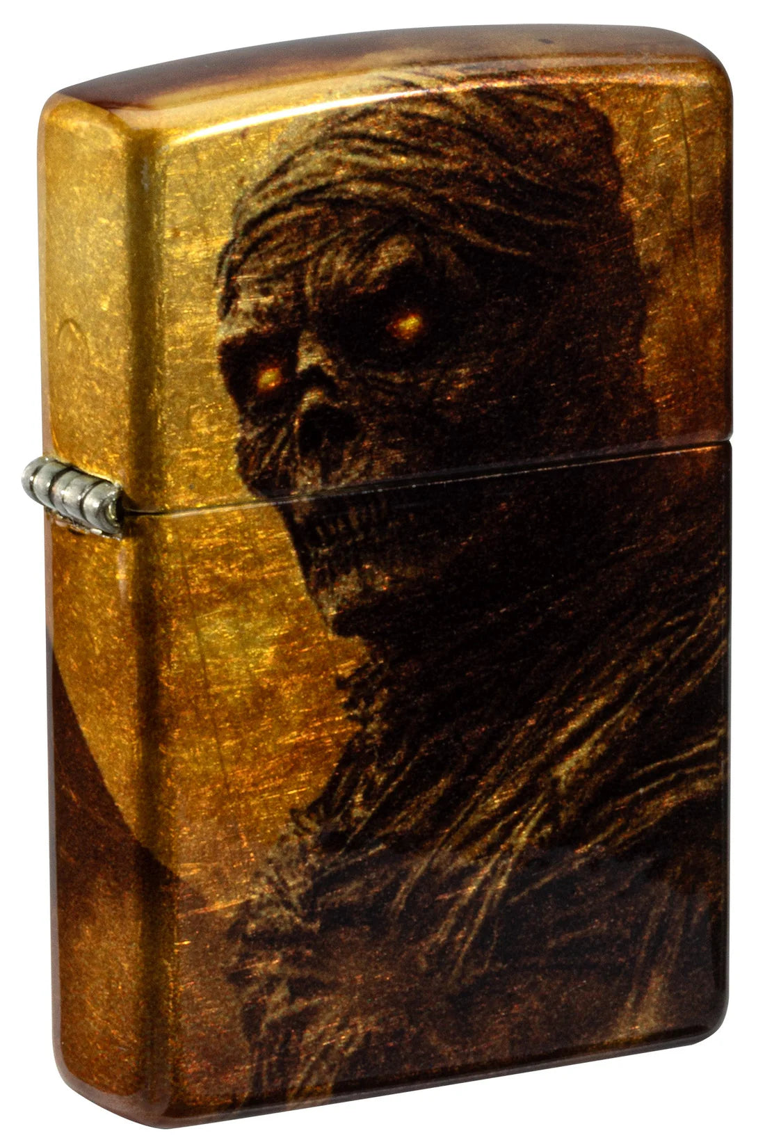 Zippo Vorderansicht: Mumienkopf mit glühenden Augen auf goldenem tumbled Messing.