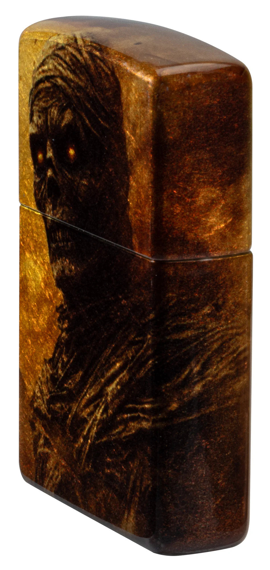 Zippo Schrägansicht: Mumienporträt läuft über die Kante, warme Gold- und Schattenflächen.
