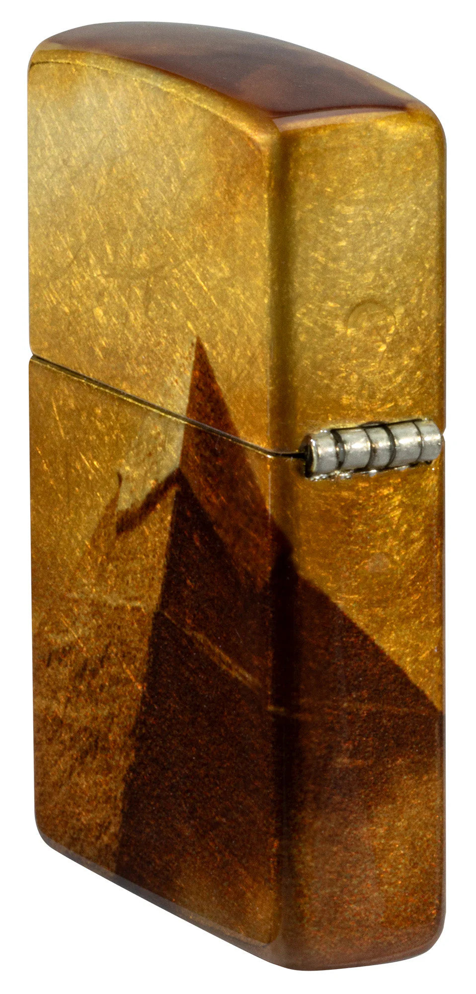 Zippo Scharnieransicht: seitlicher Blick mit pyramidenartiger Form und Messingstruktur.
