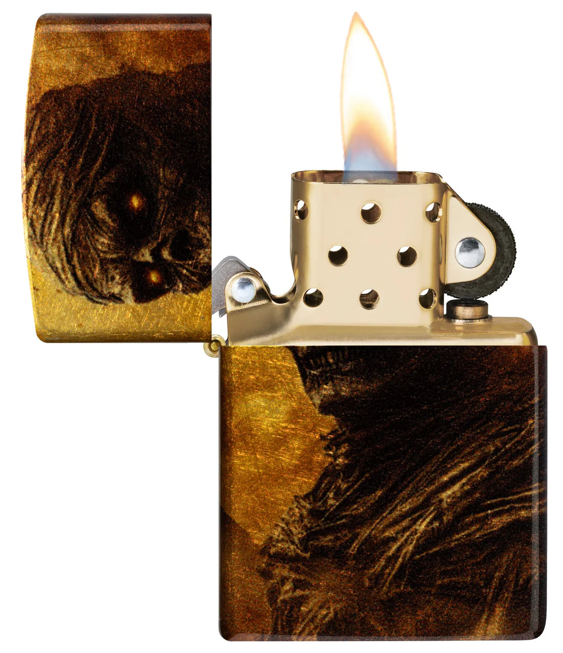 Zippo Geöffnet: goldfarbener Einsatz mit Flamme, darunter Mumienmotiv auf Messing