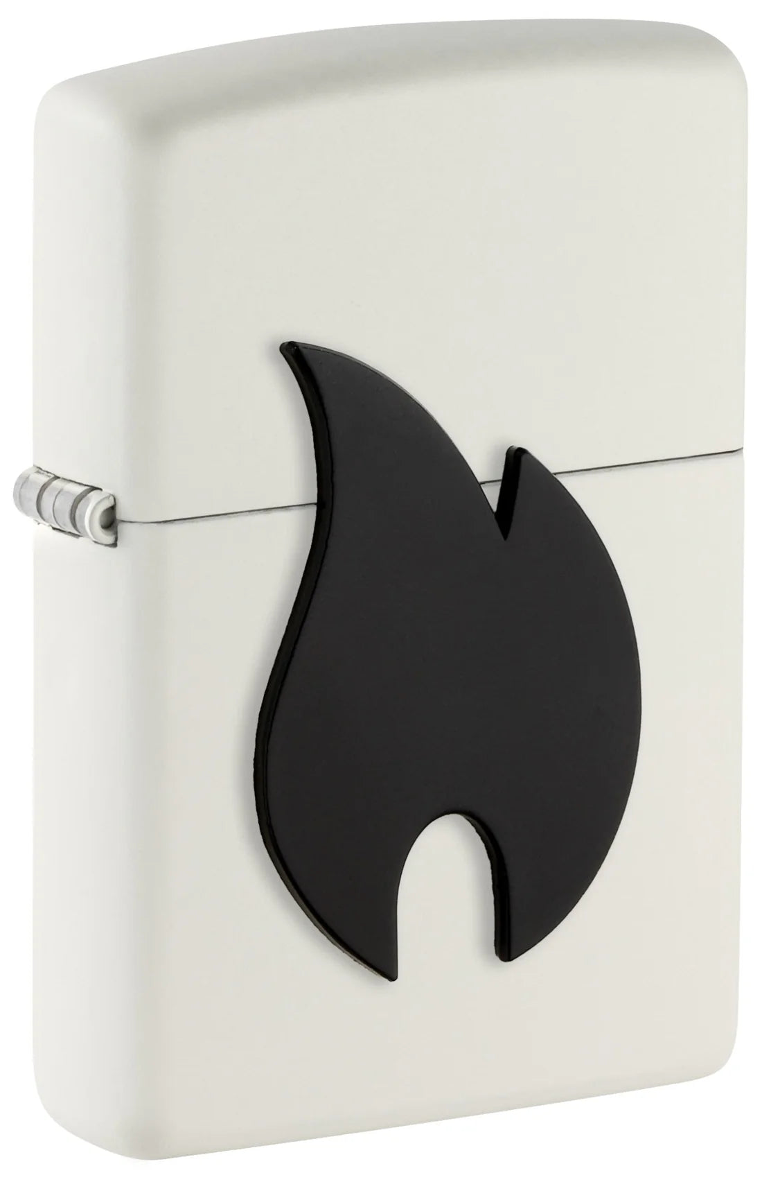 Weiss mattes Zippo Feuerzeug mit schwarzem Flammen-Emblem, Frontansicht