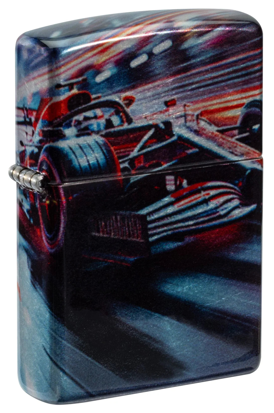 Frontansicht mit Formel-1-Rennwagen und Lichtspuren im 540°-Zippo-Feuerzeug-Design