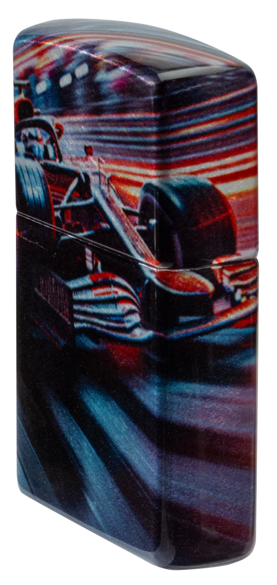 Schrägansicht mit durchlaufender Rennszene auf einem Zippo Feuerzeug.