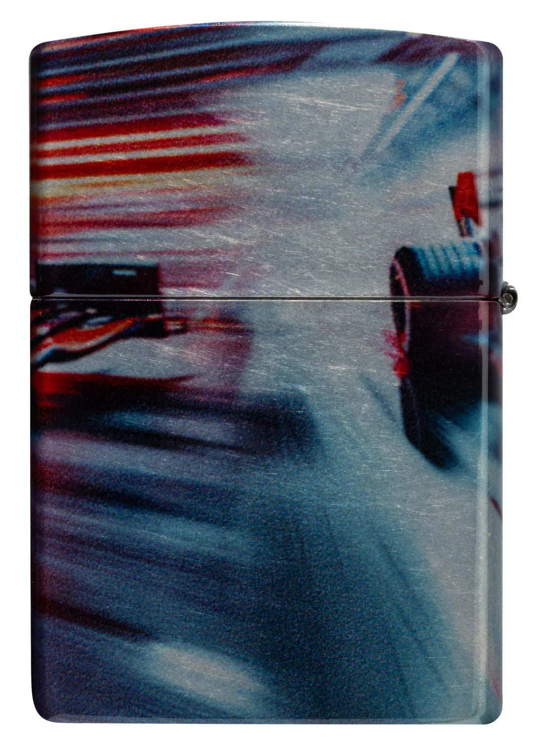 Rückansicht eines Zippo Feuerzeuges gerade mit ruhigerer Streckenfläche und Lichtbändern oben