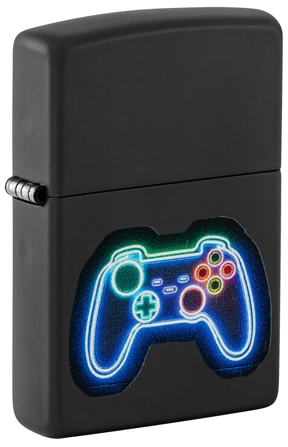 Matt schwarzes Feuerzeug mit Neon Zippo Game Controller Motiv in Black Light Optik
